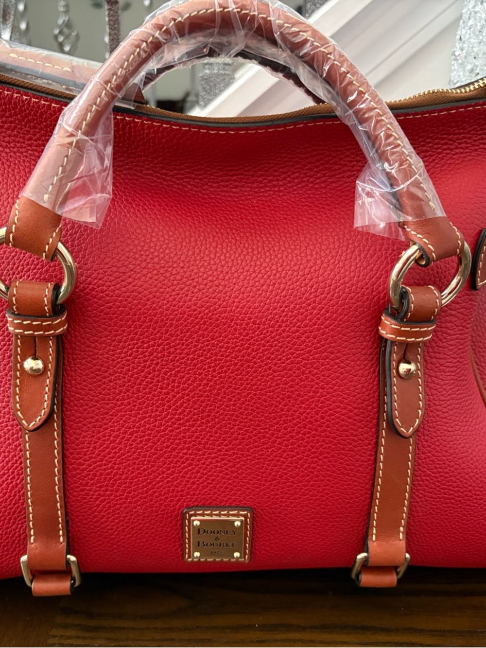 Large Dooney & Bourke Red Pebbled Leather Satchel with Tan Trim